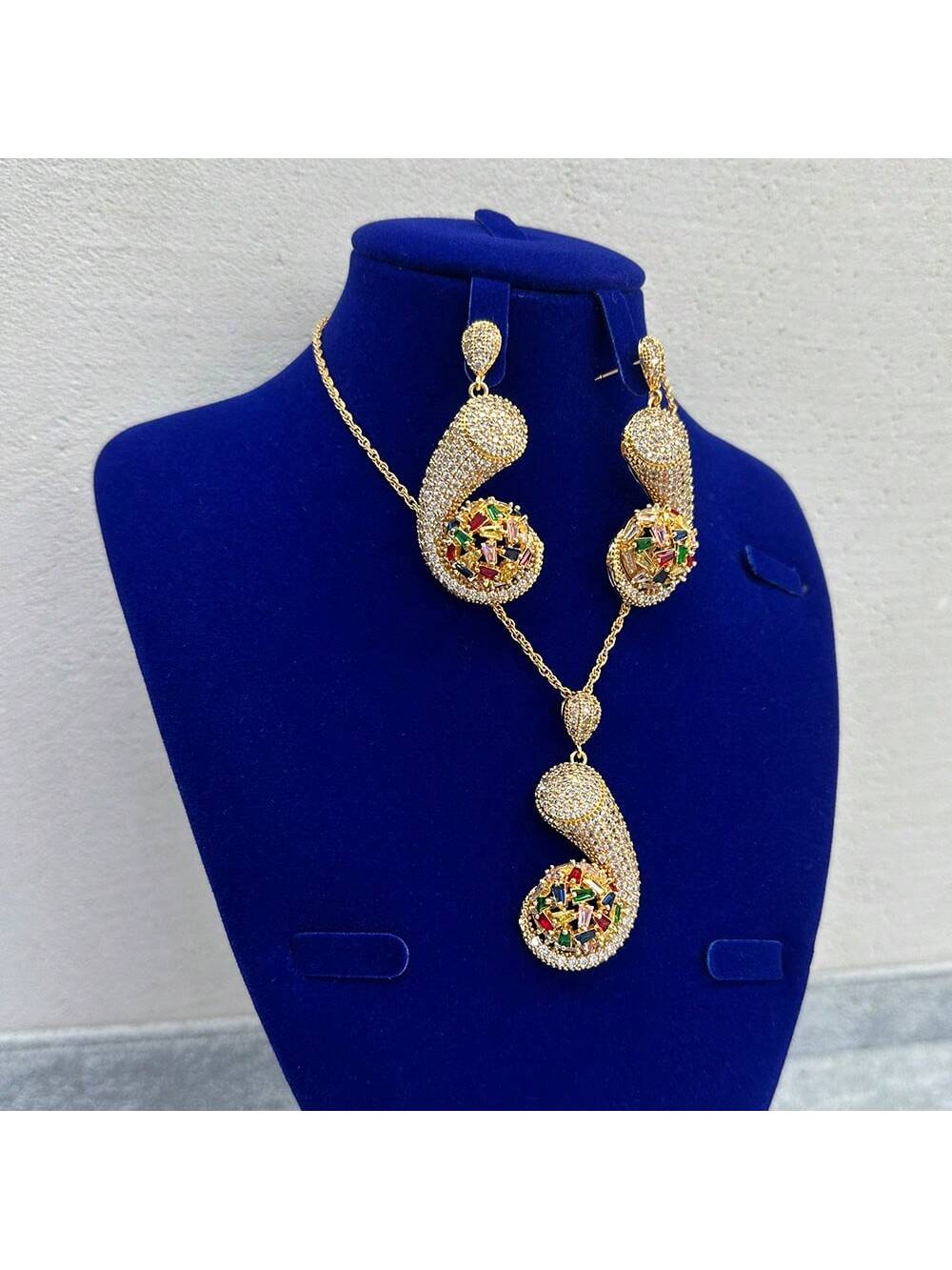 Luxury Evening 2pcs Bridal Jewelry Set With Micro Pave Colorful Cubic Zirconia Necklace And Earrings, For Women'S Daily Wear