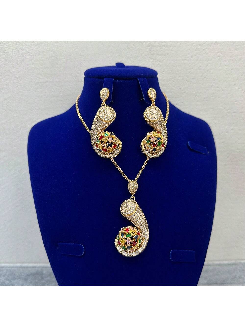 Luxury Evening 2pcs Bridal Jewelry Set With Micro Pave Colorful Cubic Zirconia Necklace And Earrings, For Women'S Daily Wear