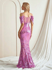 Elegant Cap Sleeve Purple Sequin Mermaid Evening Dress