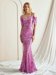 Elegant Cap Sleeve Purple Sequin Mermaid Evening Dress