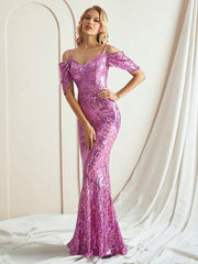 Elegant Cap Sleeve Purple Sequin Mermaid Evening Dress