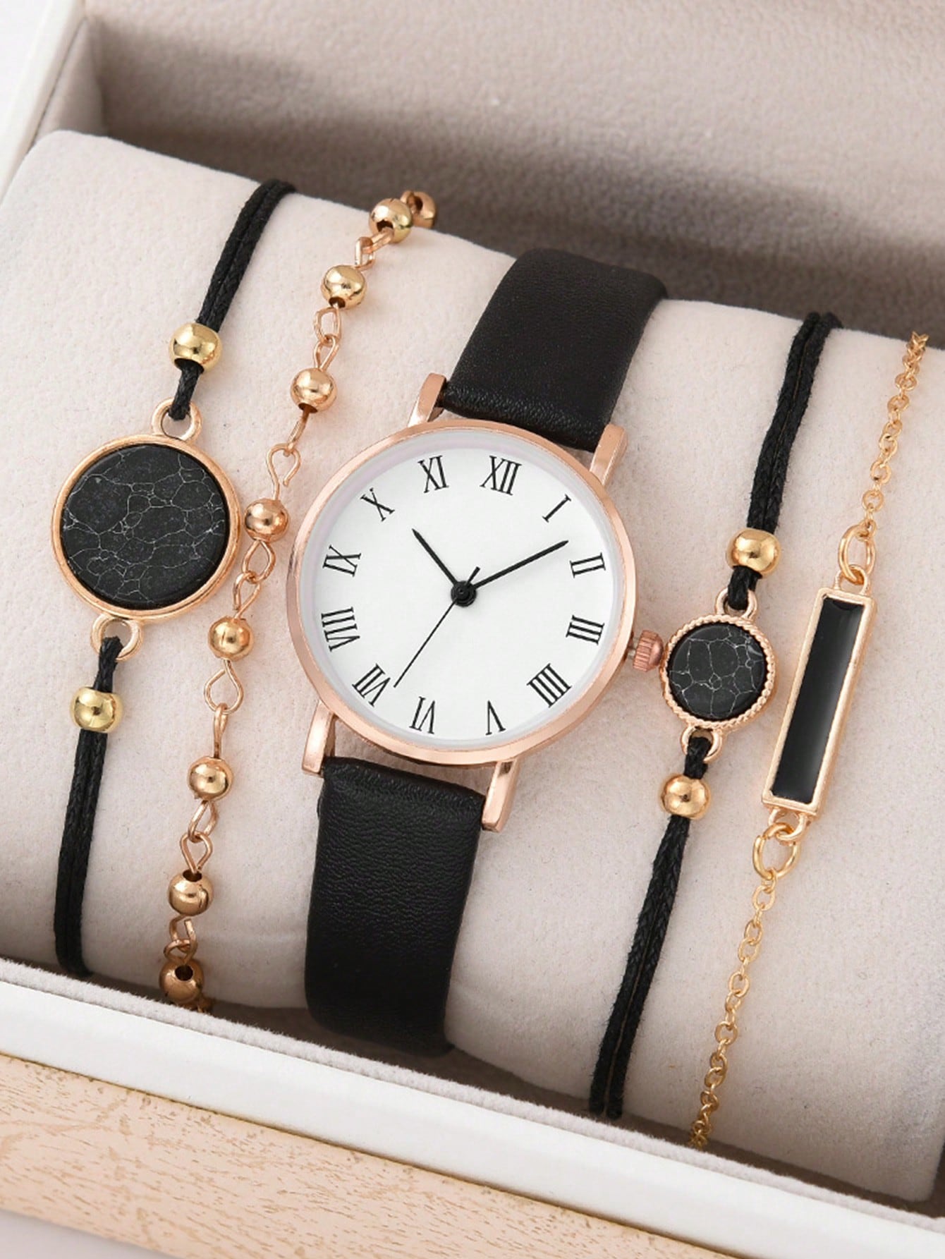 5pcs/Set Fashionable And Cute Ladies Leather Strap Quartz Watch And Bracelet Set