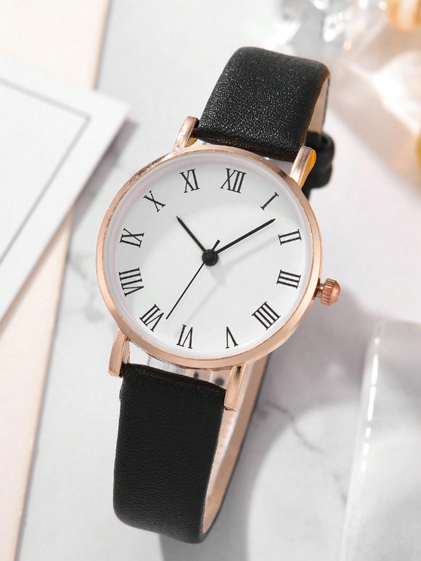 5pcs/Set Fashionable And Cute Ladies Leather Strap Quartz Watch And Bracelet Set