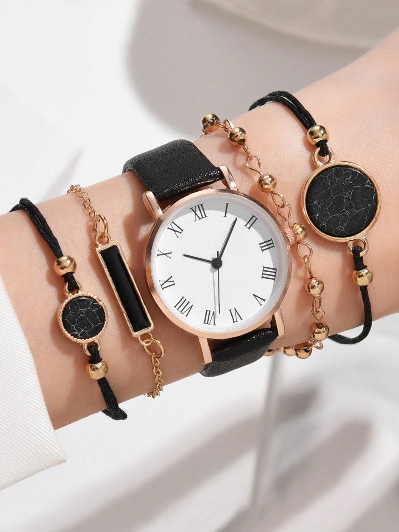 5pcs/Set Fashionable And Cute Ladies Leather Strap Quartz Watch And Bracelet Set