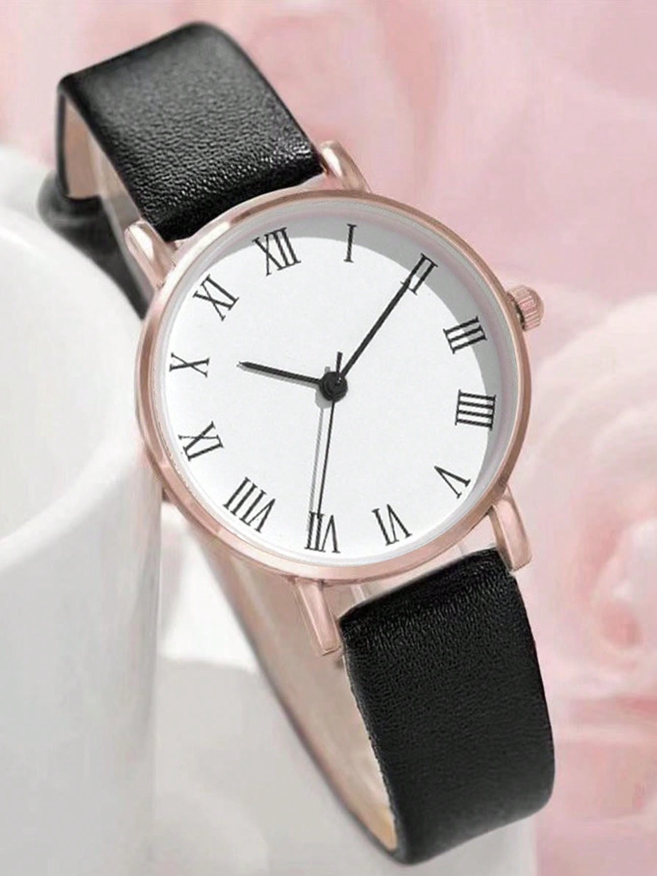 5pcs/Set Fashionable And Cute Ladies Leather Strap Quartz Watch And Bracelet Set