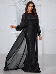 Giffniseti Women'S Prom Evening Dress Sequin Patch Chiffon Lantern Sleeve Party Evening Dress Black Autumn Women'S Dress