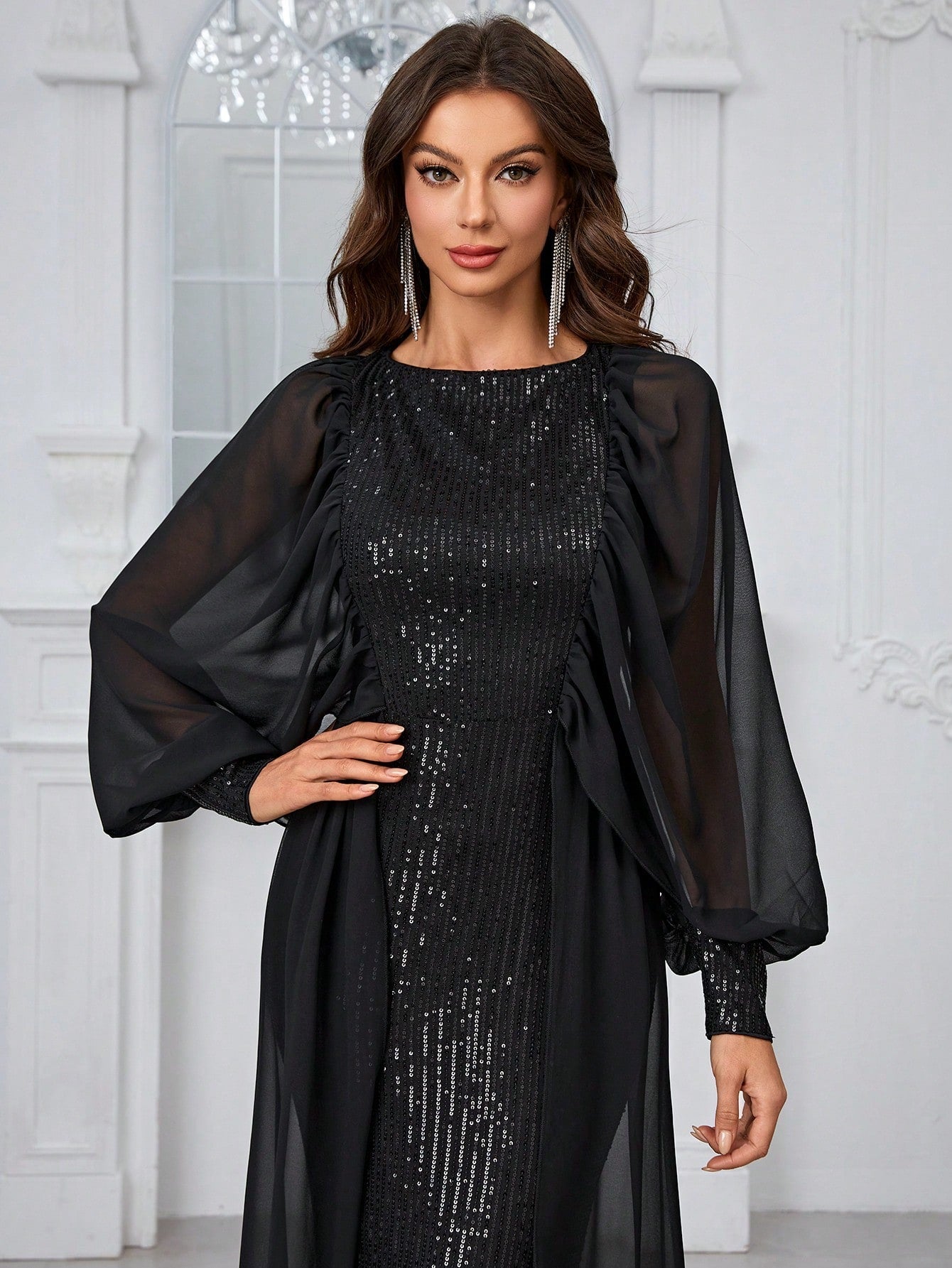 Giffniseti Women'S Prom Evening Dress Sequin Patch Chiffon Lantern Sleeve Party Evening Dress Black Autumn Women'S Dress