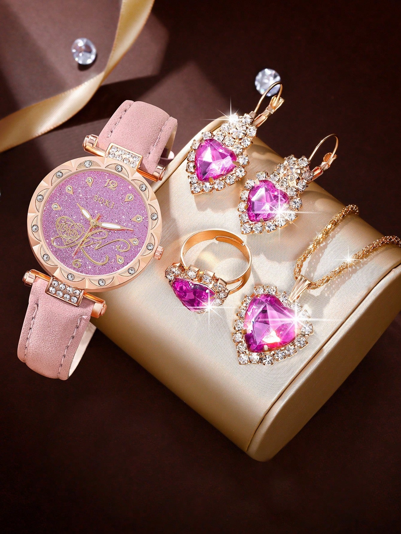 1pc Women's Pink Pu Strap, Gorgeous Heart Dial, Quartz Wristwatch And Heart Shaped Fully Rhinestone Jewelry Set