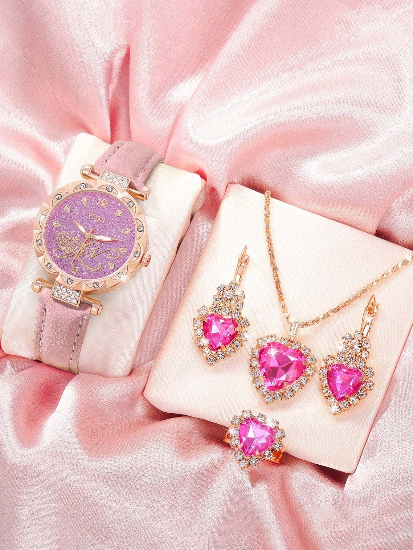 1pc Women's Pink Pu Strap, Gorgeous Heart Dial, Quartz Wristwatch And Heart Shaped Fully Rhinestone Jewelry Set