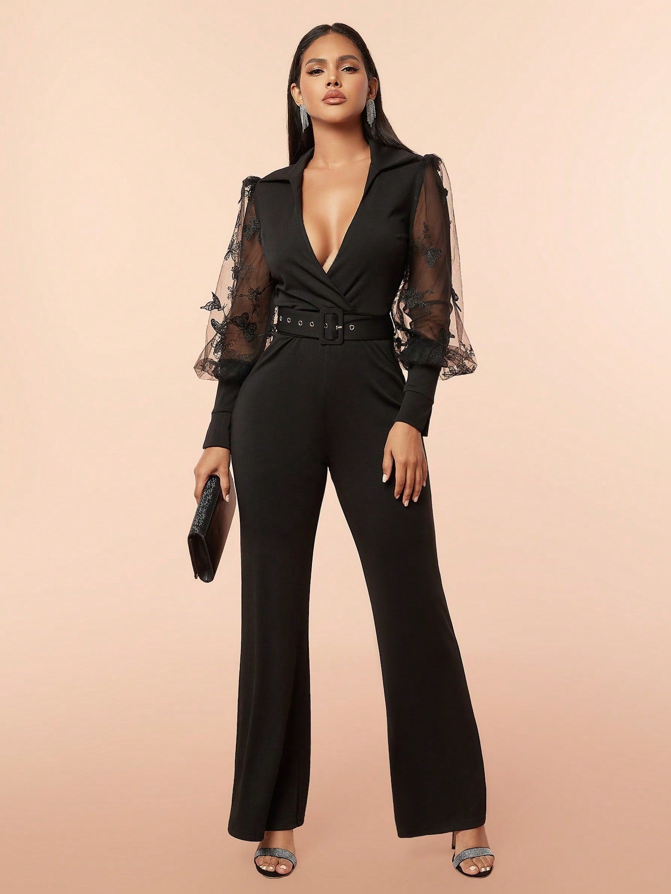 D&M Patchwork See-Through Embroidered Butterfly Puff Sleeve Jumpsuit With Chicken Eye Belt For Party, Straight Cut