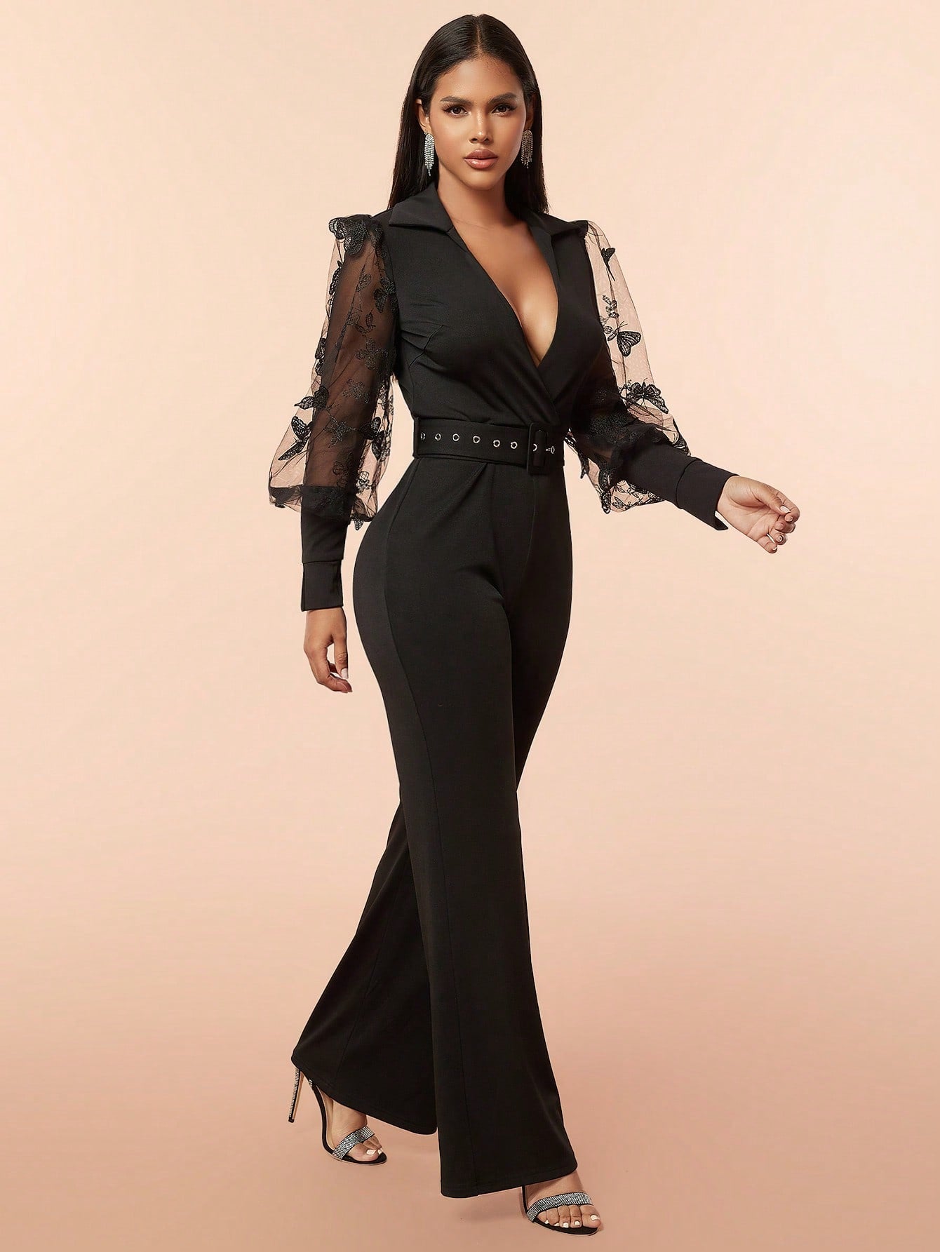 D&M Patchwork See-Through Embroidered Butterfly Puff Sleeve Jumpsuit With Chicken Eye Belt For Party, Straight Cut