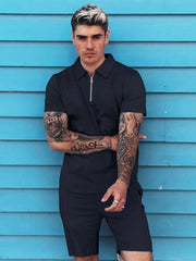 Men'S Half-Zip Short Sleeve Casual T-Shirt And Shorts Set