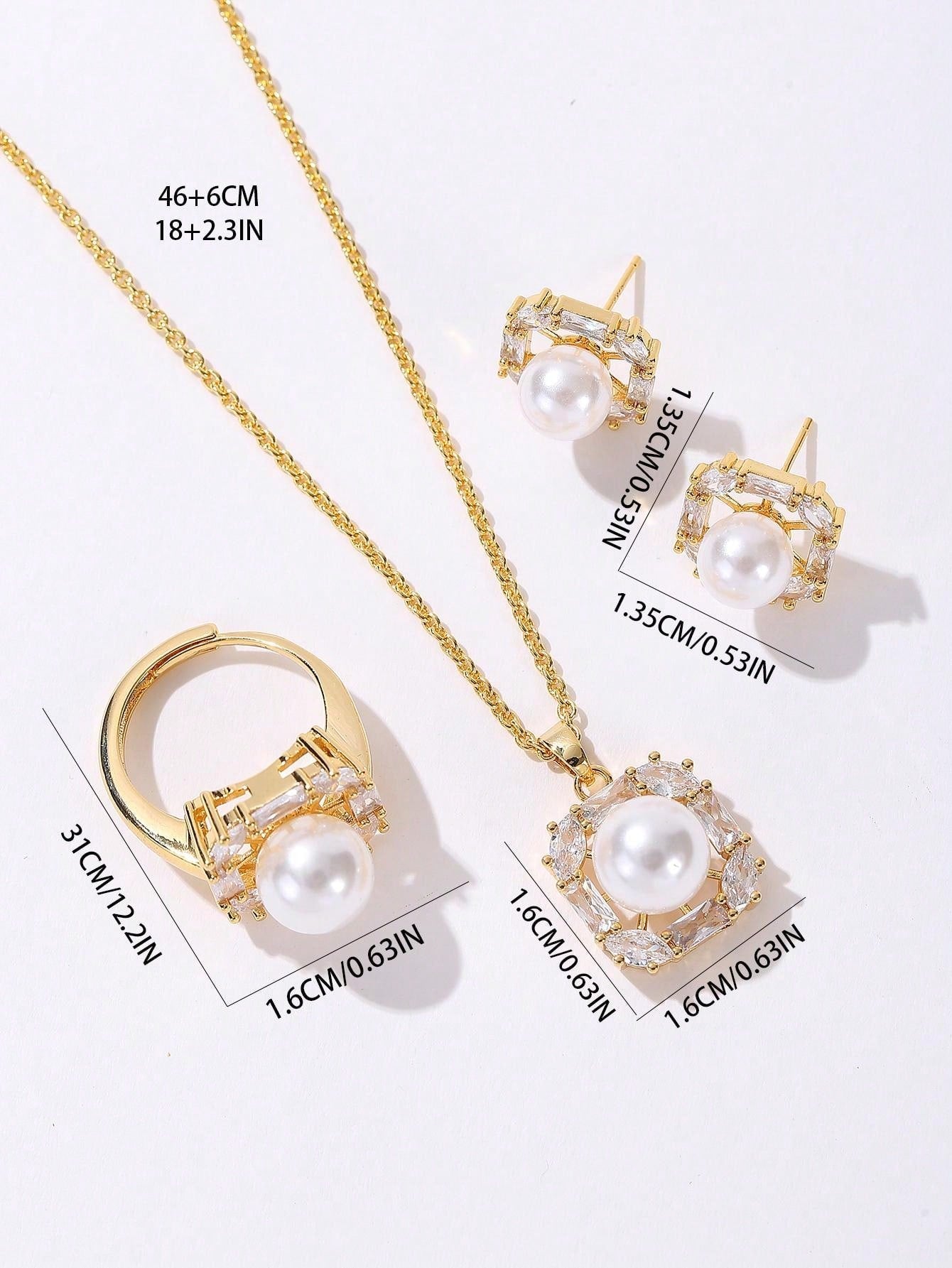 4pcs/Set Korean Style Freshwater Pearl & Zirconia Double Layered 3d Flower Design Gold Plated Copper Alloy Necklace Ring Earrings, Ideal Gift For Females, Particularly Bffs/Colleagues During New Year Festivals