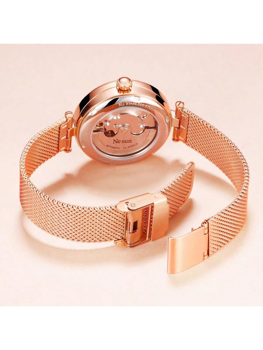 Nesun Women's Mechanical Watch With Rose Gold Mesh Strap, Night Light And Date Display, Simple And Fashionable Fit For Daily Wear