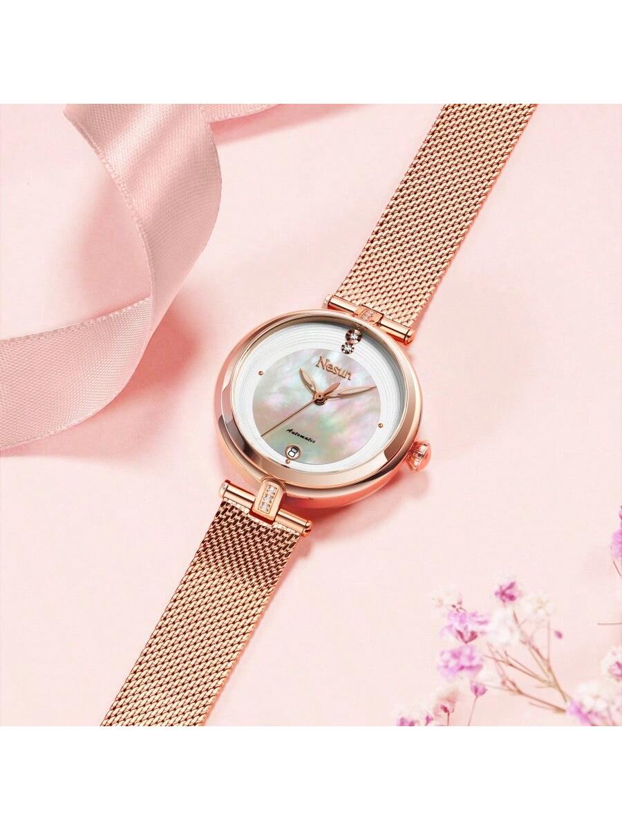 Nesun Women's Mechanical Watch With Rose Gold Mesh Strap, Night Light And Date Display, Simple And Fashionable Fit For Daily Wear