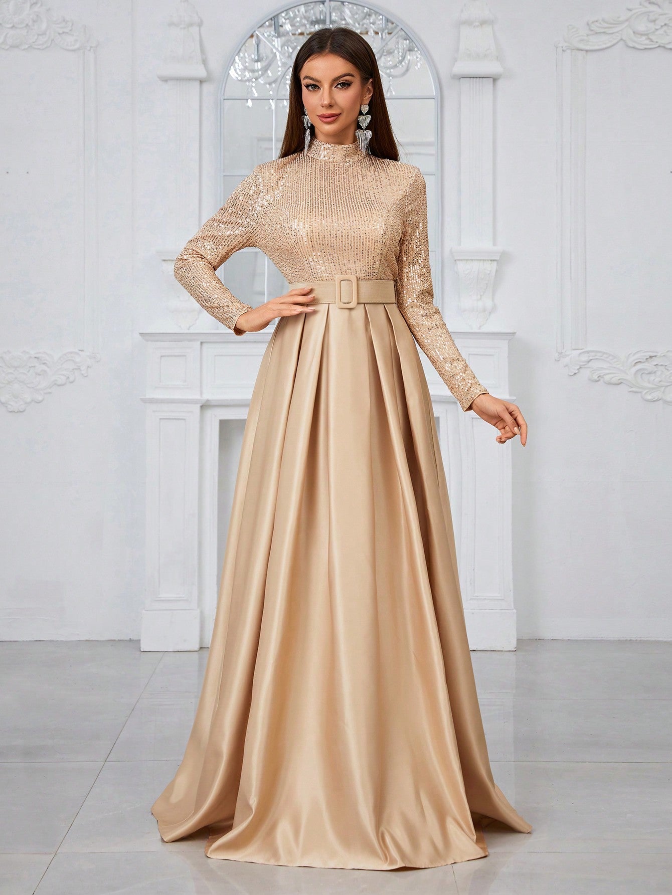 Giffniseti Long Sleeve High Neck Sequin Panel & Pleated Evening Dress (With Belt)