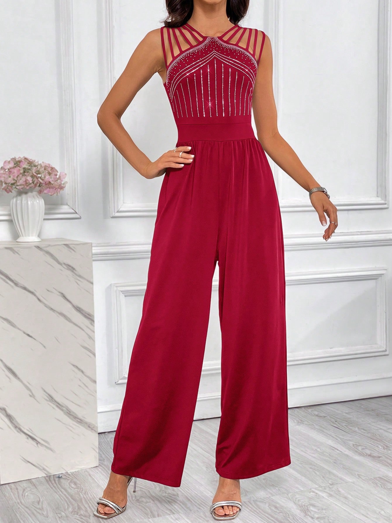 Privé Rhinestone Detail Wide Leg Jumpsuit