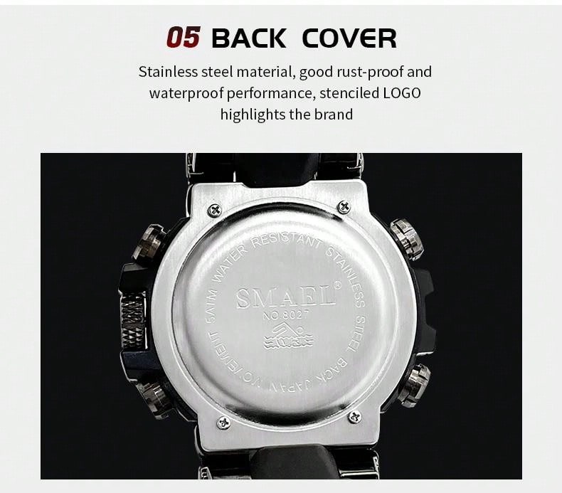 1pc Smael Alloy Case Black Color Men'S Outdoor Sports Waterproof Dual Display Multi-Function Night Light Electronic Watch