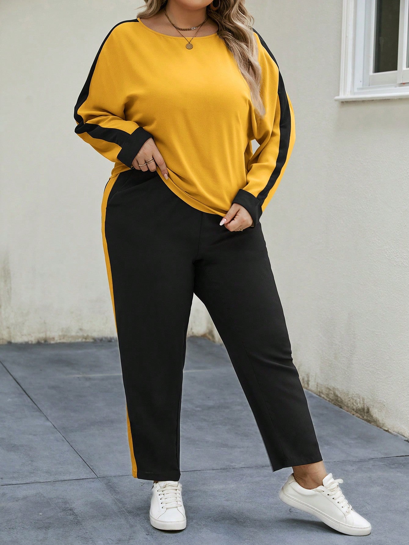 LUNE Plus Size Women'S Color Block Long Sleeve Two Piece Set