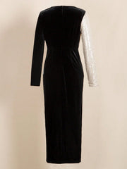 V-Neck Long Sleeve Sequin Embellished Velvet Evening Party Dress With Cinched Waist