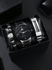 Men'S Personality Business Hip Hop Style Alloy Steel Strap Quartz Watch With Bracelet Set, 3pcs