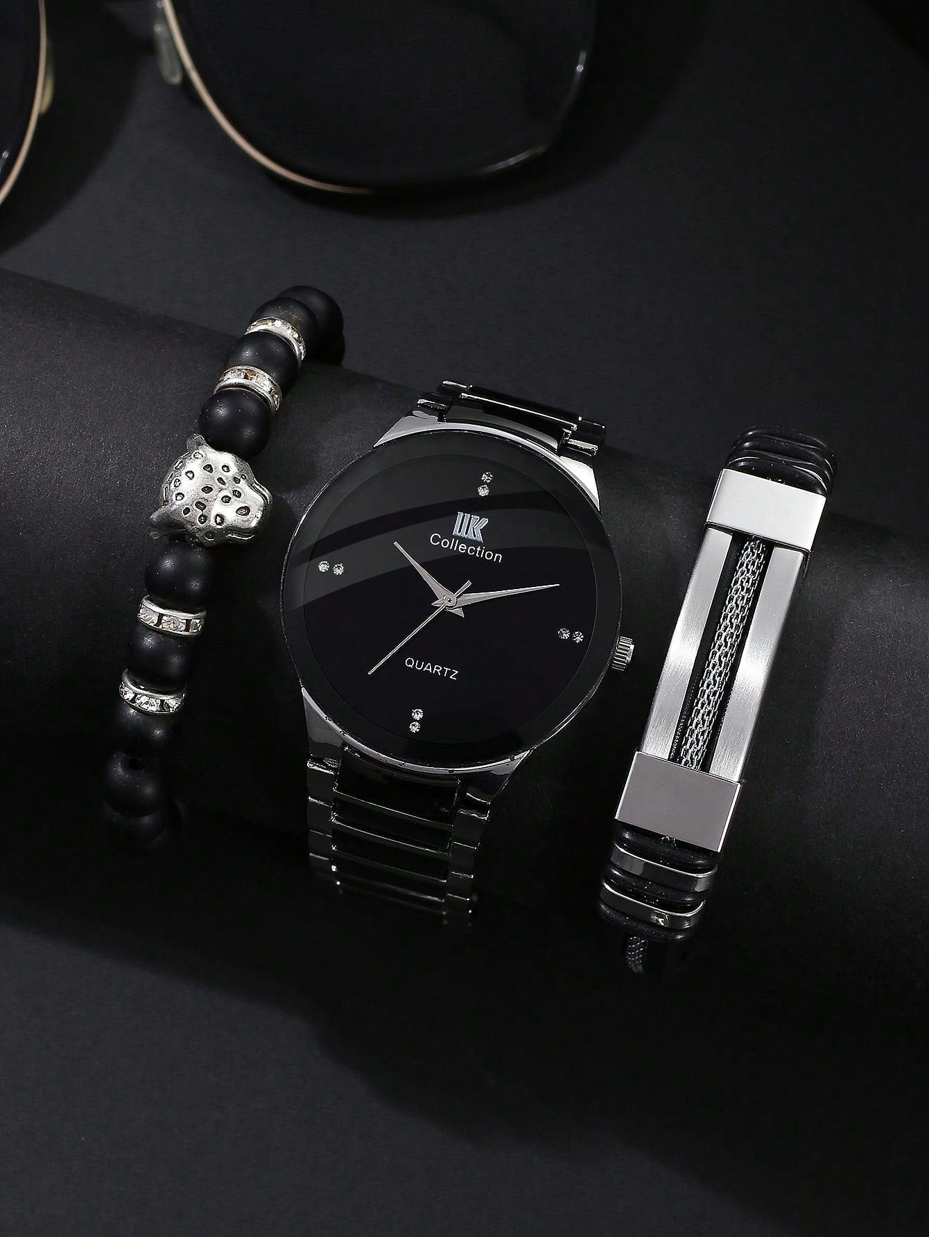 Men'S Personality Business Hip Hop Style Alloy Steel Strap Quartz Watch With Bracelet Set, 3pcs