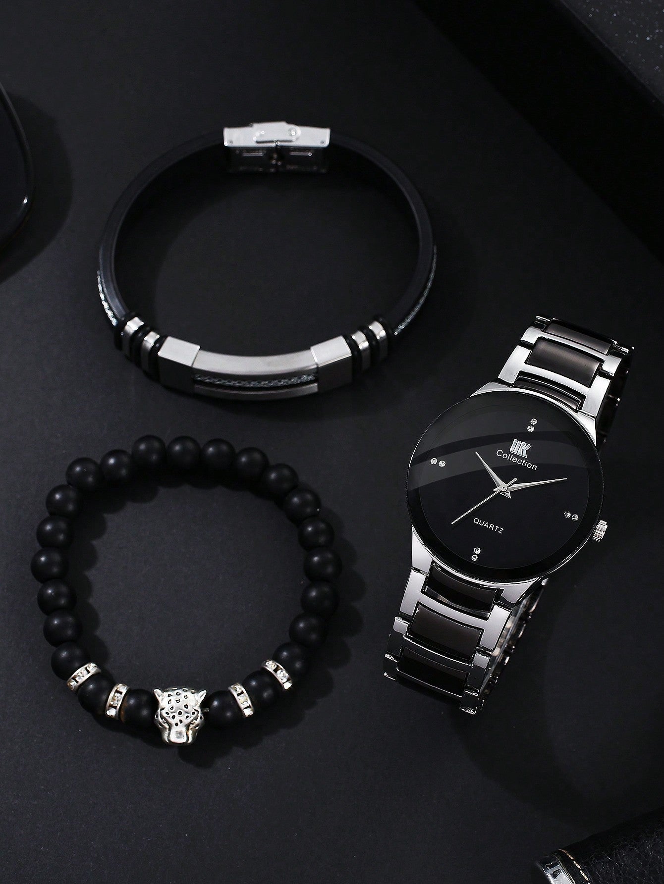 Men'S Personality Business Hip Hop Style Alloy Steel Strap Quartz Watch With Bracelet Set, 3pcs