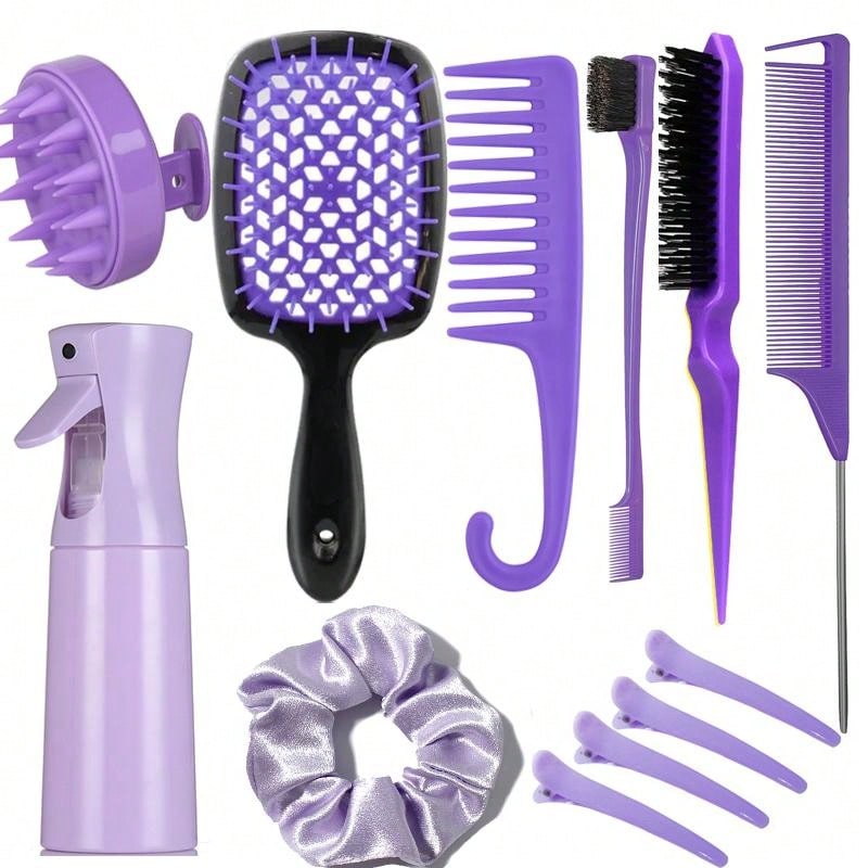 12 Pcs Hair Brush With Hair Styling Comb Set, Detangling Hair Brushes For Women Men Kids Curly Hair, HairBrush Set With Detangler Brush Teasing Hair Brush Rat Tail Comb Edge Brush,Silicone Scalp Massager Shampoo Brush For Shower,Curly Hair Brush With 200m