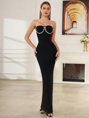 Modphy Sexy Black Strapless Diamond Encrusted Bandage Dress For Formal Occasions