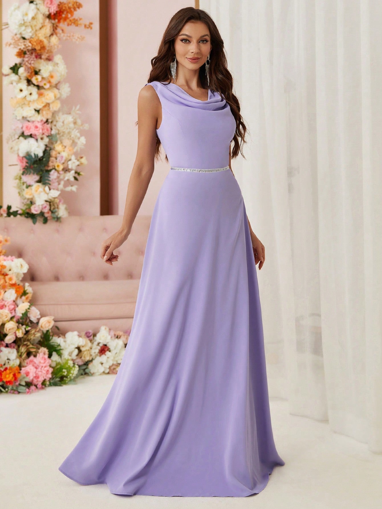 Belle Bridesmaid Dress With Draped Neckline, Waist Belt, Hollow Back And Weaving Detail