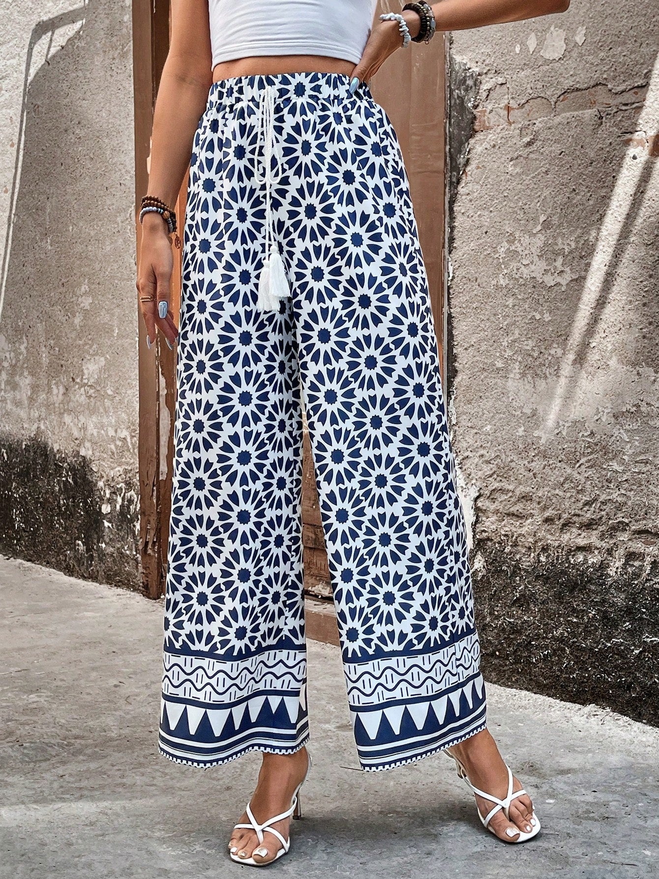 Frenchy Full Print Waist Tie Wide Leg Pants