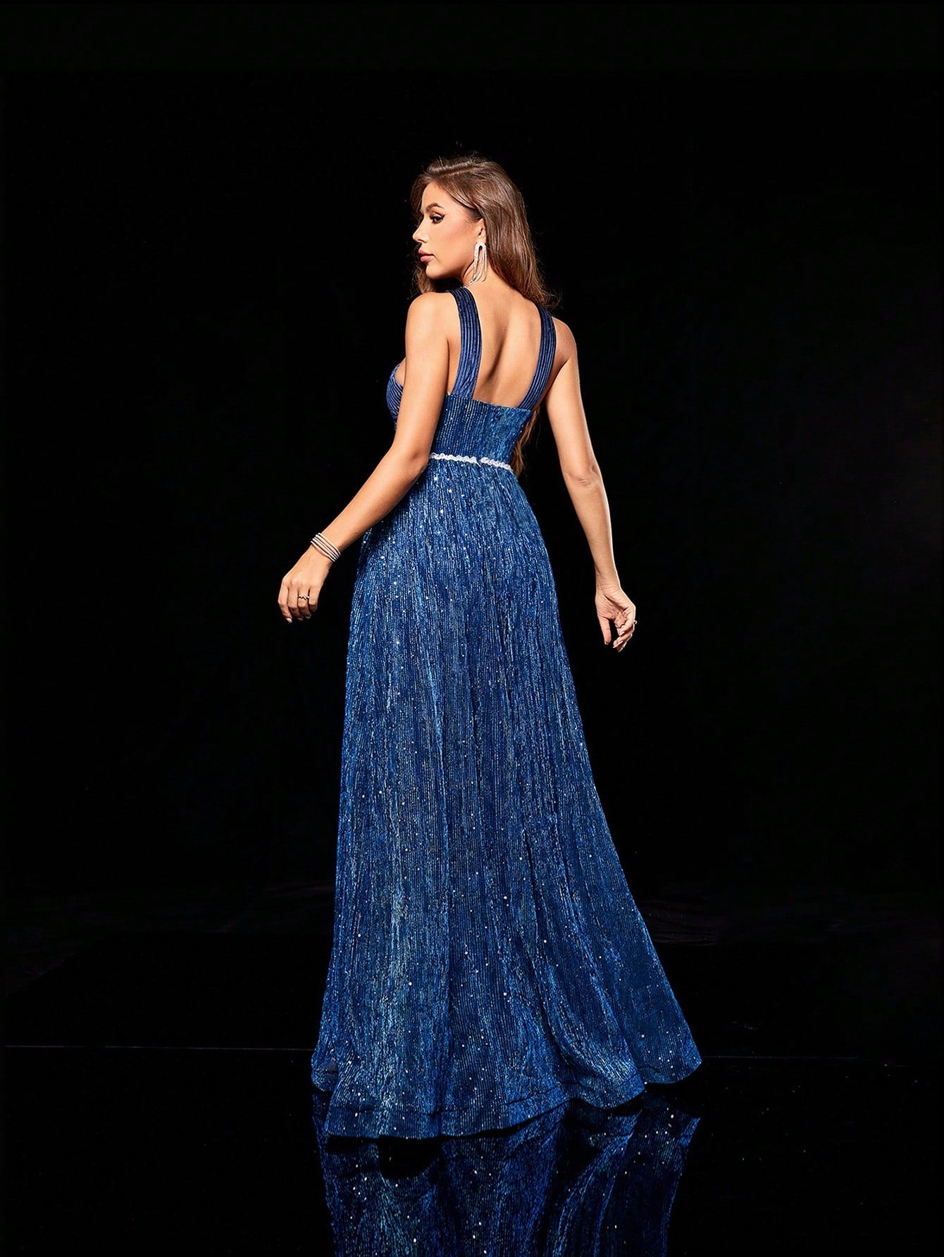 Cross Neck Velvet & Metal Wire Fabric Gorgeous Full Long Dress