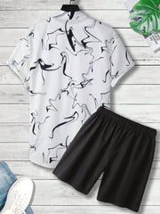 Manfinity LEGND Men'S Marble Printed Short Sleeve Shirt And Shorts Set