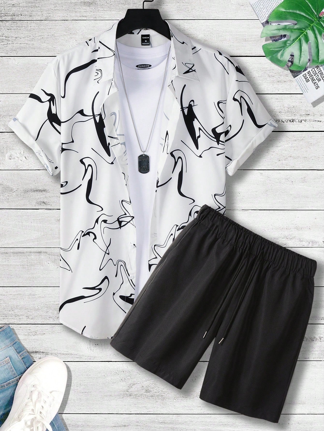 Manfinity LEGND Men'S Marble Printed Short Sleeve Shirt And Shorts Set