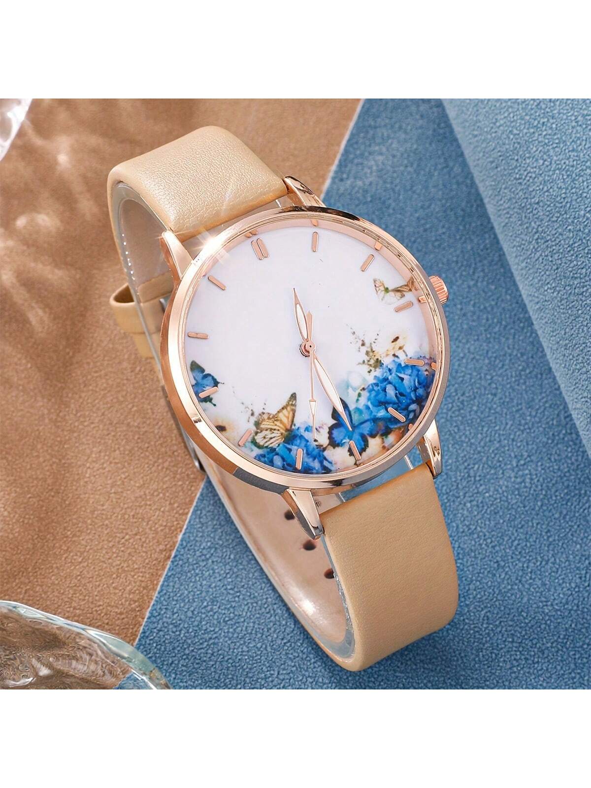 5pcs/Set Fashionable Butterfly Element Women's Quartz Watch With Pu Leather Strap, Butterfly Decorated Bracelet & Necklace Set, Butterfly Shaped Rhinestone Decor Pendant Necklace