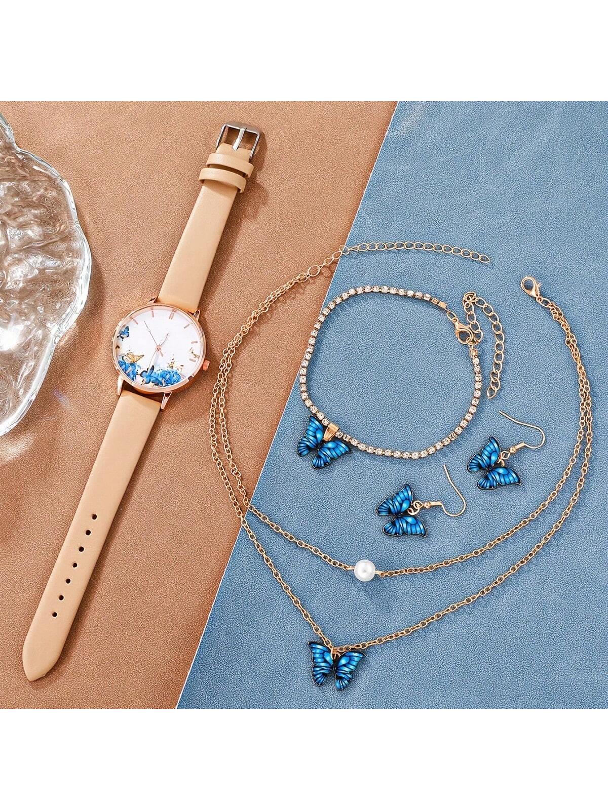 5pcs/Set Fashionable Butterfly Element Women's Quartz Watch With Pu Leather Strap, Butterfly Decorated Bracelet & Necklace Set, Butterfly Shaped Rhinestone Decor Pendant Necklace