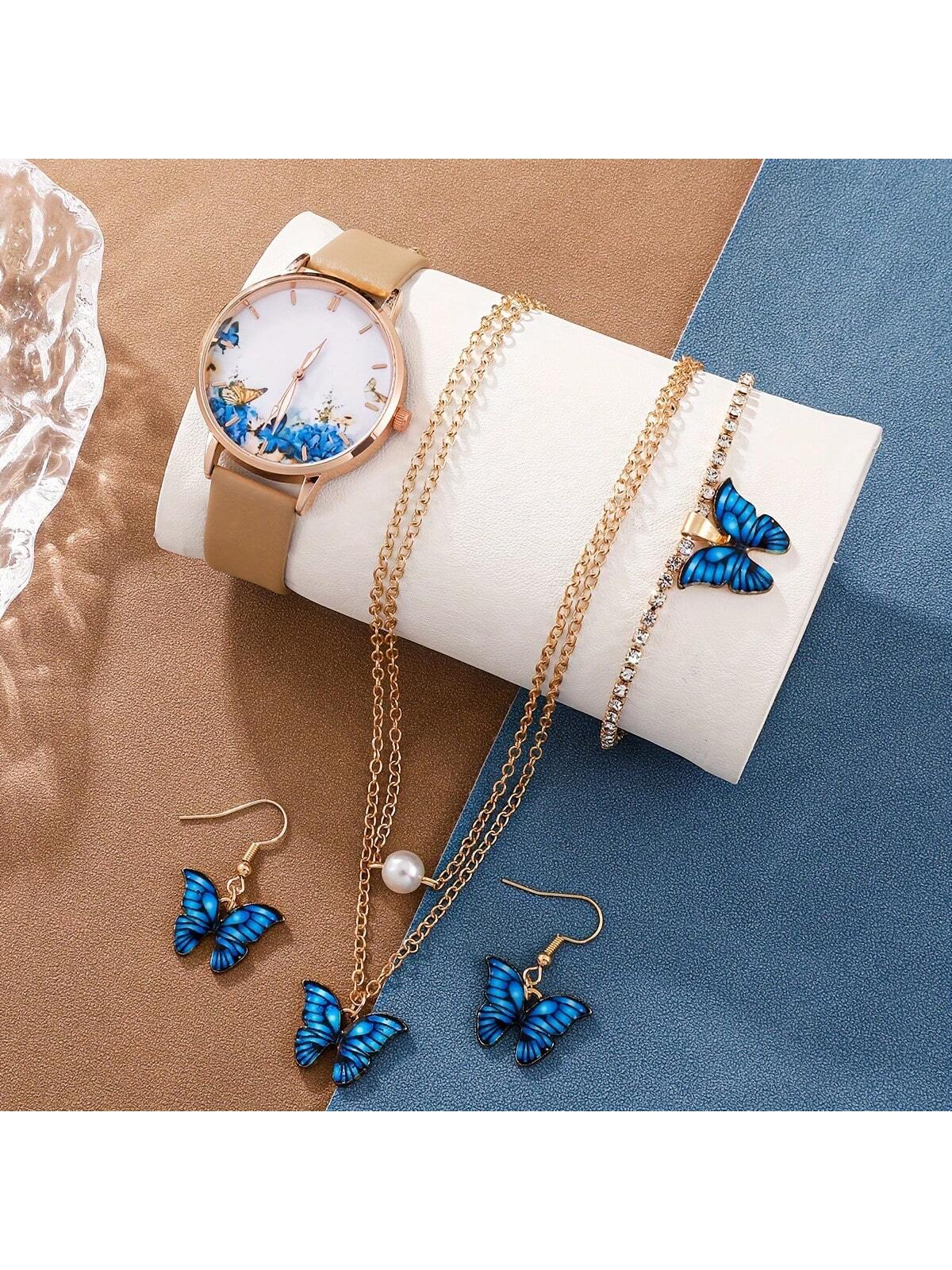 5pcs/Set Fashionable Butterfly Element Women's Quartz Watch With Pu Leather Strap, Butterfly Decorated Bracelet & Necklace Set, Butterfly Shaped Rhinestone Decor Pendant Necklace