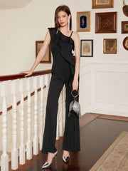 Women'S Black Party Jumpsuit With Asymmetric Shoulder