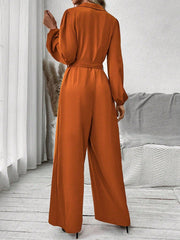 Frenchy Women's Solid Color Lantern Sleeve Belted Jumpsuit