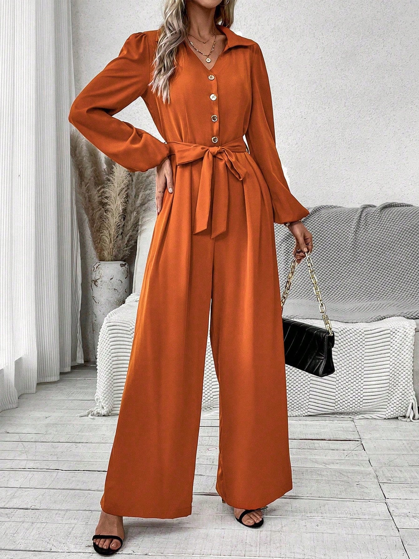 Frenchy Women's Solid Color Lantern Sleeve Belted Jumpsuit