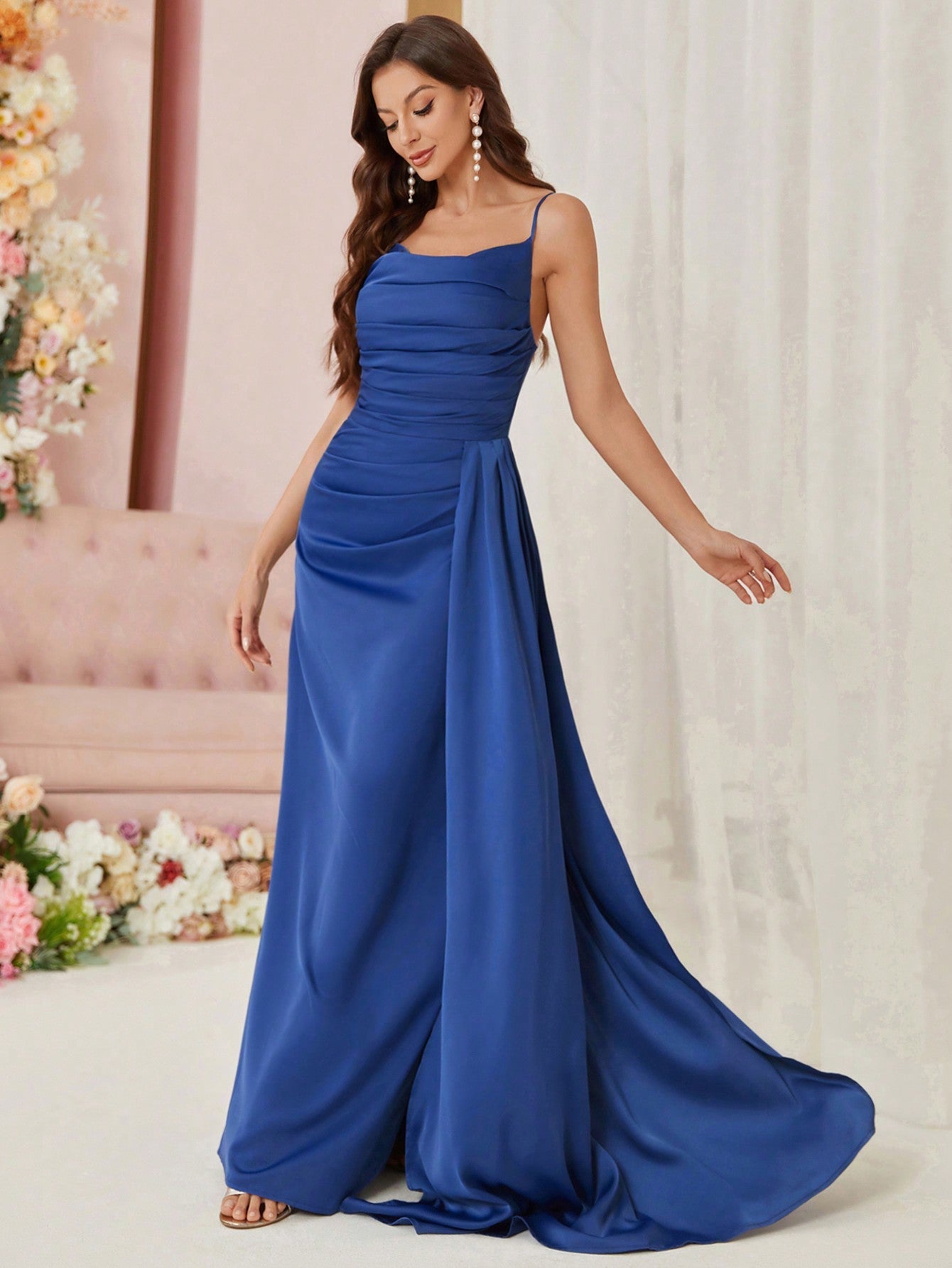 Belle Bridesmaid Dress With Pleats, Slit, Streamers, And Spaghetti Straps