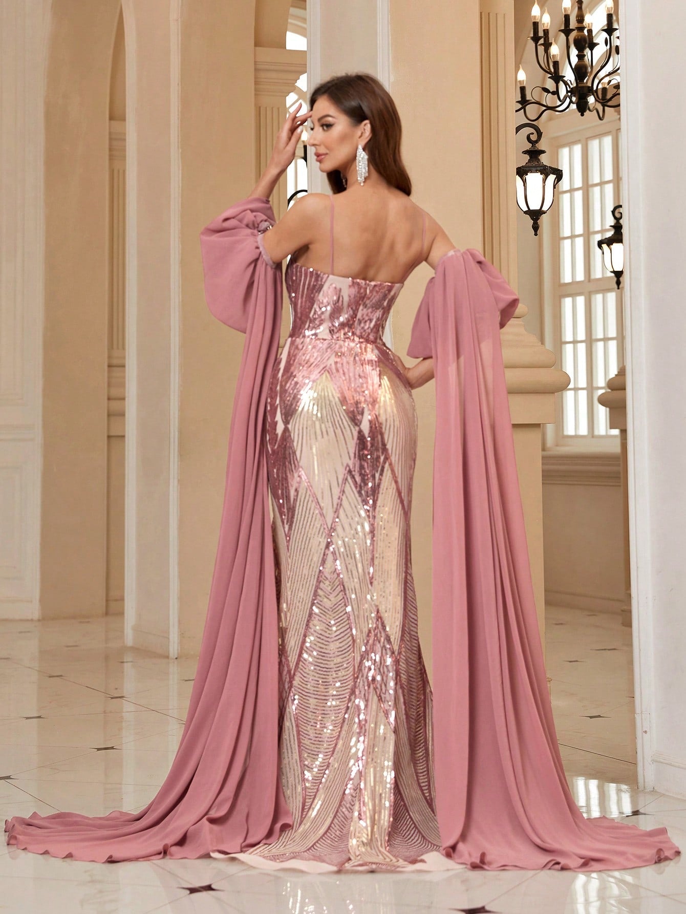 Belle Ladies' Evening Party Dress With Sequin Design, Chiffon Sleeves, Sleeve Trail And High Slit