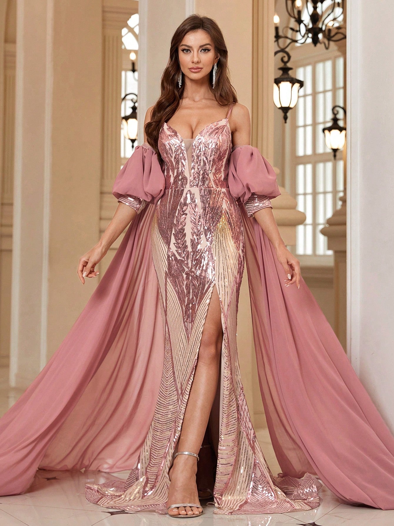 Belle Ladies' Evening Party Dress With Sequin Design, Chiffon Sleeves, Sleeve Trail And High Slit