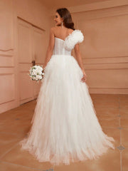 Belle Mermaid Style One-Shoulder Wedding Dress With 3d Flower And Ruffle HemSlim Pure White Wedding Dress