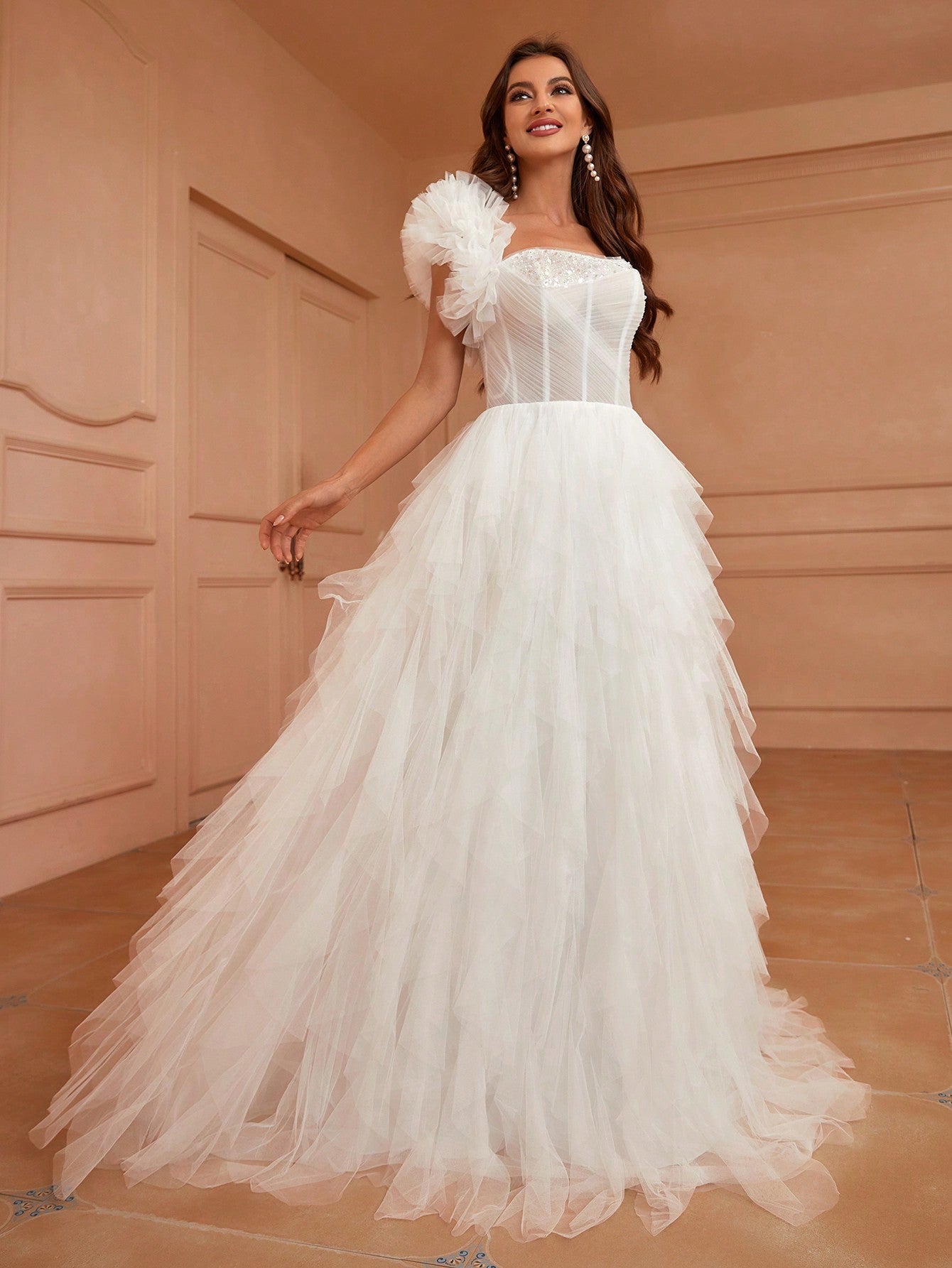 Belle Mermaid Style One-Shoulder Wedding Dress With 3d Flower And Ruffle HemSlim Pure White Wedding Dress