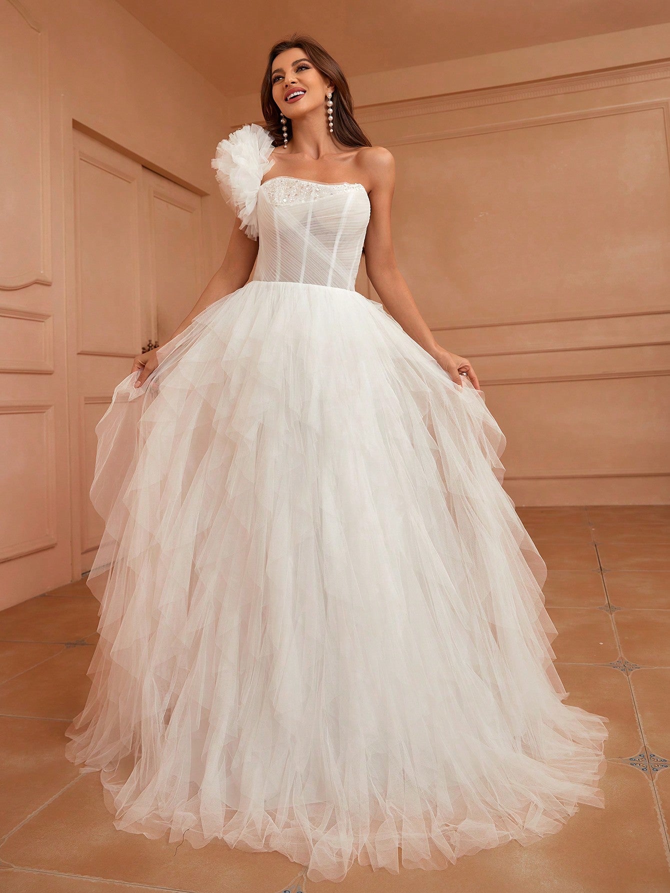 Belle Mermaid Style One-Shoulder Wedding Dress With 3d Flower And Ruffle HemSlim Pure White Wedding Dress