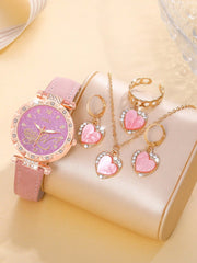 1pc Women's Pink Pu Strap, Gorgeous Heart Dial, Quartz Wristwatch And Heart Shaped Fully Rhinestone Jewelry Set