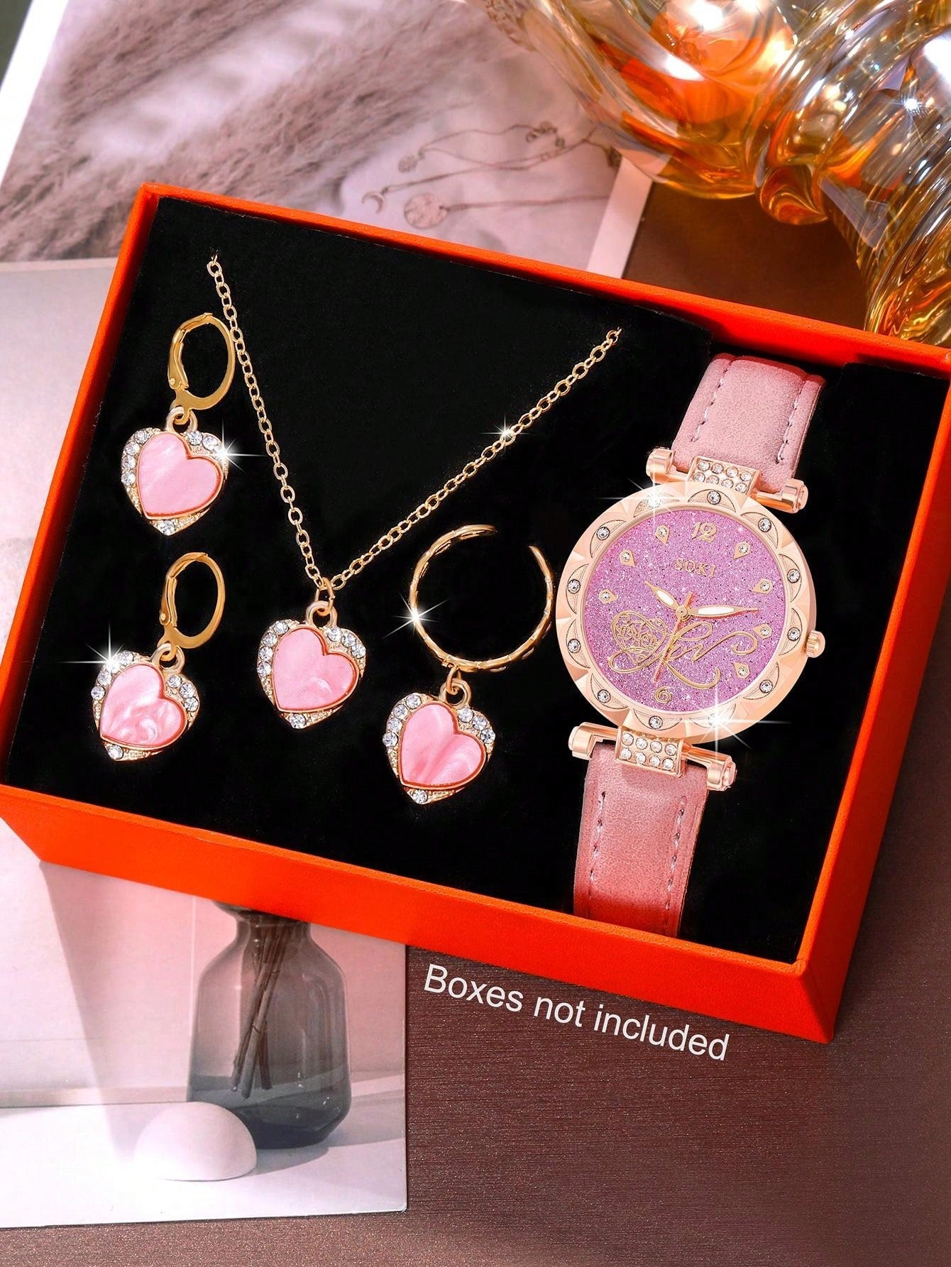 1pc Women's Pink Pu Strap, Gorgeous Heart Dial, Quartz Wristwatch And Heart Shaped Fully Rhinestone Jewelry Set