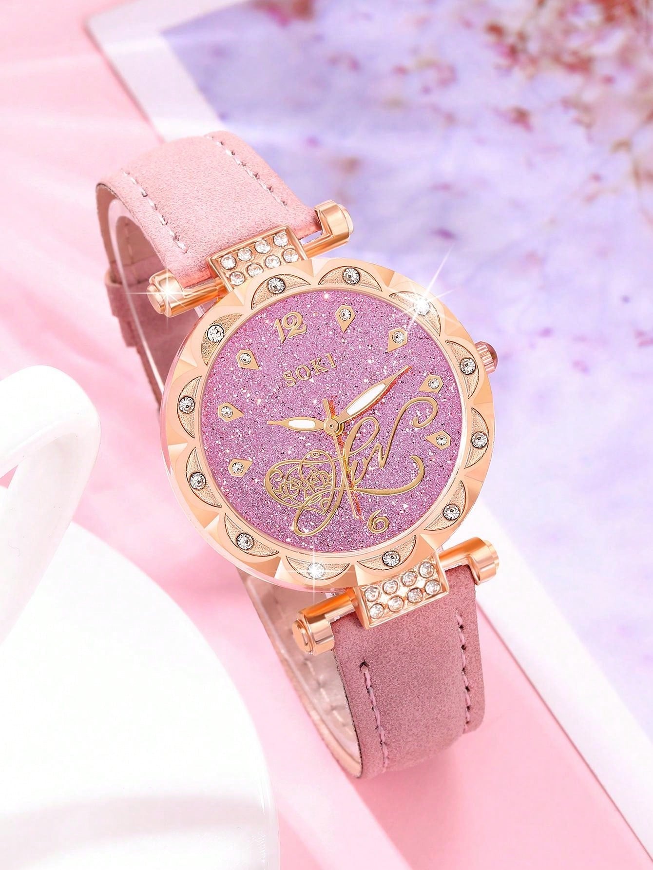 1pc Women's Pink Pu Strap, Gorgeous Heart Dial, Quartz Wristwatch And Heart Shaped Fully Rhinestone Jewelry Set