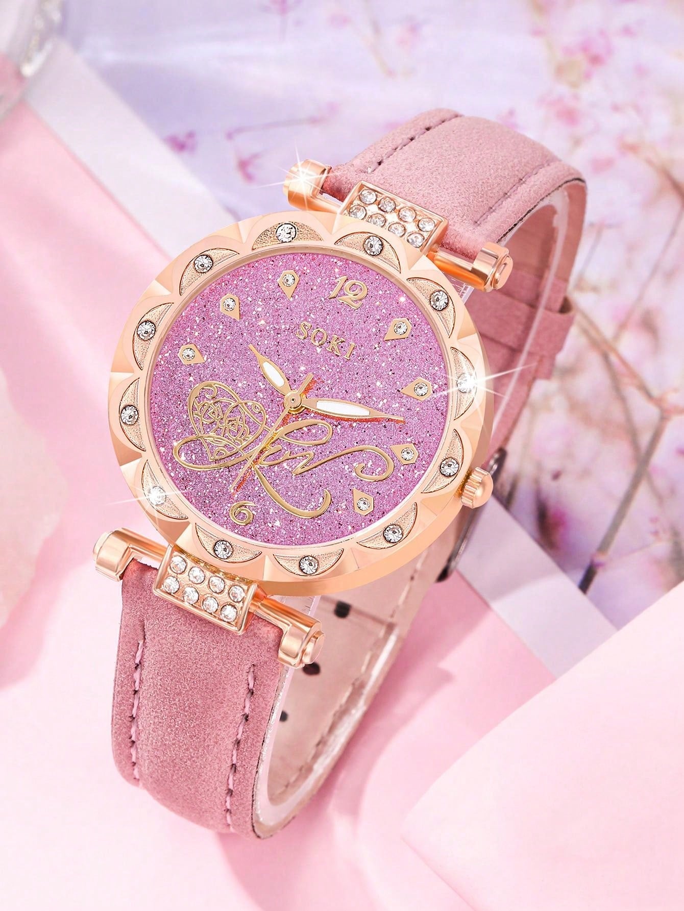 1pc Women's Pink Pu Strap, Gorgeous Heart Dial, Quartz Wristwatch And Heart Shaped Fully Rhinestone Jewelry Set